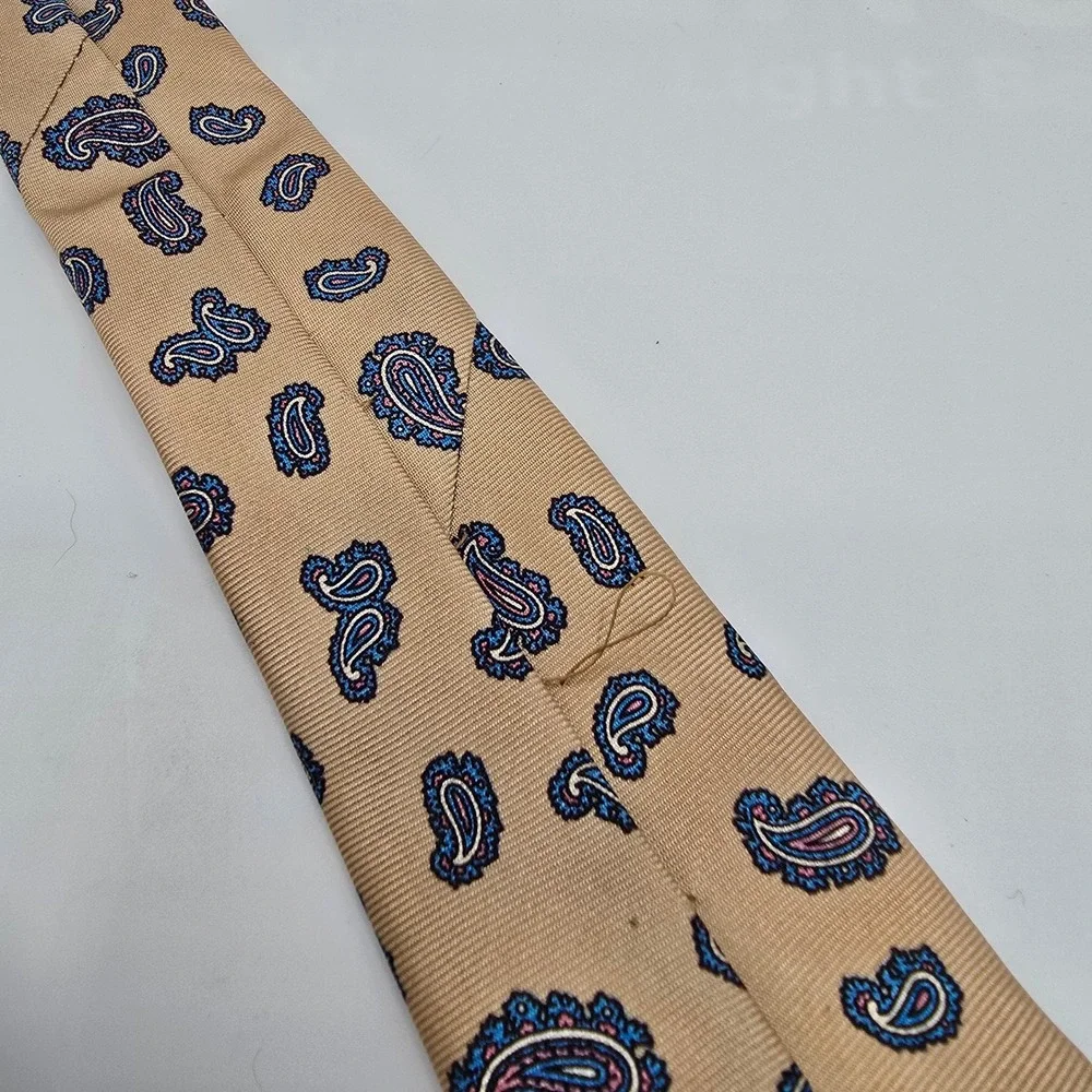 Mens Luxury 100% Silk Paisley Necktie Handmade Italy Formal Business Tan‎ Navy
